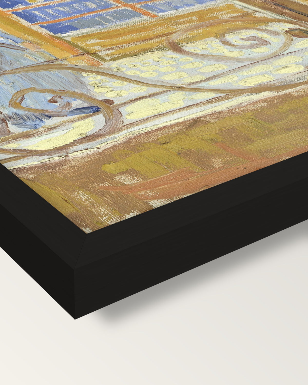 View of a Butcher’s Shop by van Gogh framed print, corner close-up: black moulding, mitred, the print set just below its edge