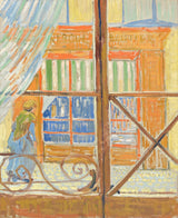 View of a Butcher’s Shop by Vincent van Gogh: a shop front across the street seen through a window frame, a striped awning