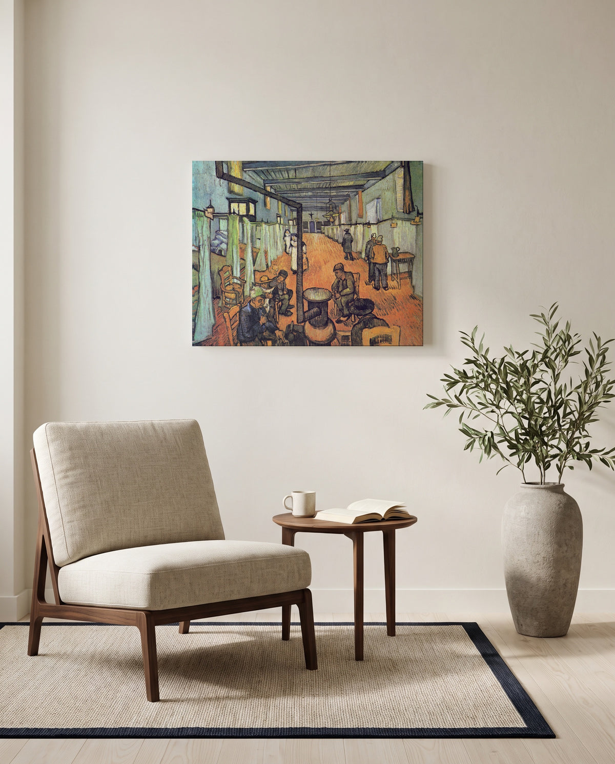 Ward in the Hospital in Arles by Vincent van Gogh as a stretched canvas above a linen lounge chair in a reading corner