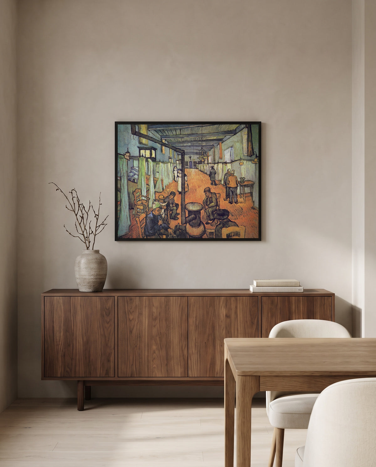 Ward in the Hospital in Arles by Vincent van Gogh in a black frame above a walnut sideboard in a dining room