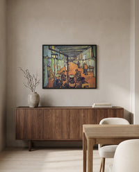 Ward in the Hospital in Arles by Vincent van Gogh in a black frame above a walnut sideboard in a dining room