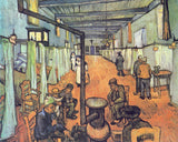 Ward in the Hospital in Arles by Vincent van Gogh: a long white ward with curtained beds and patients round a stove
