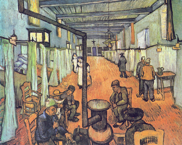 Ward in the Hospital in Arles by Vincent van Gogh: a long white ward with curtained beds and patients round a stove