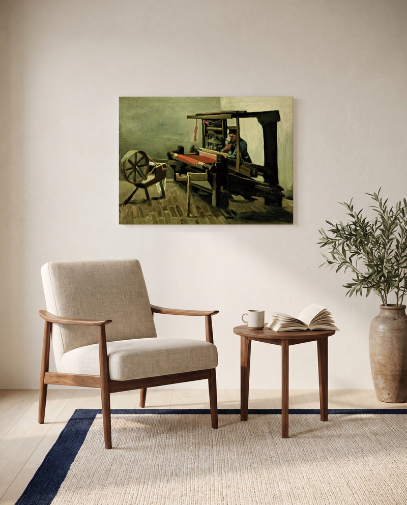 Weaver by Vincent van Gogh as a stretched canvas above a linen lounge chair in a reading corner