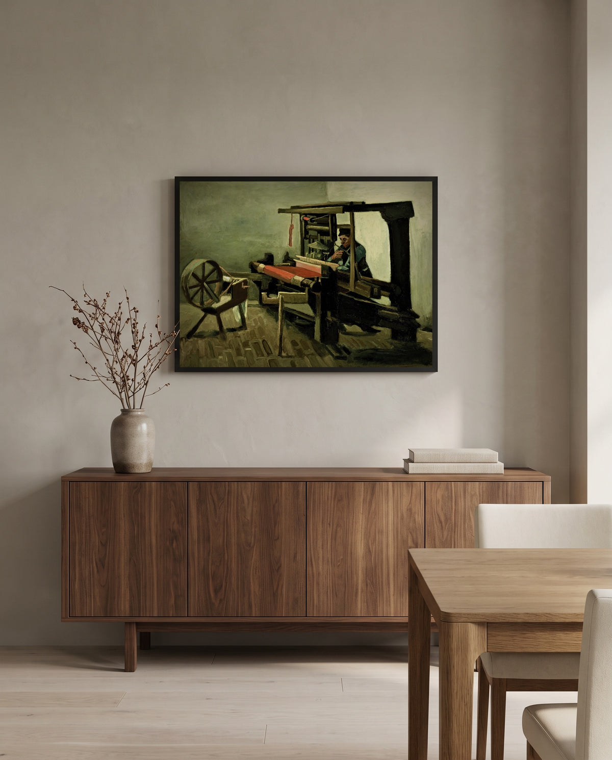 Weaver by Vincent van Gogh in a black frame above a walnut sideboard in a dining room