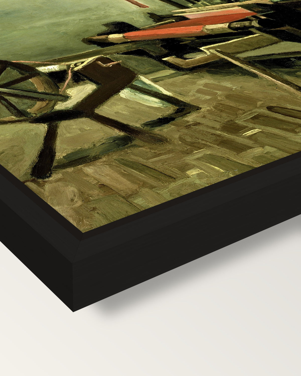 Weaver by Vincent van Gogh framed canvas, corner close-up: a black floating frame with a shadow gap round the canvas