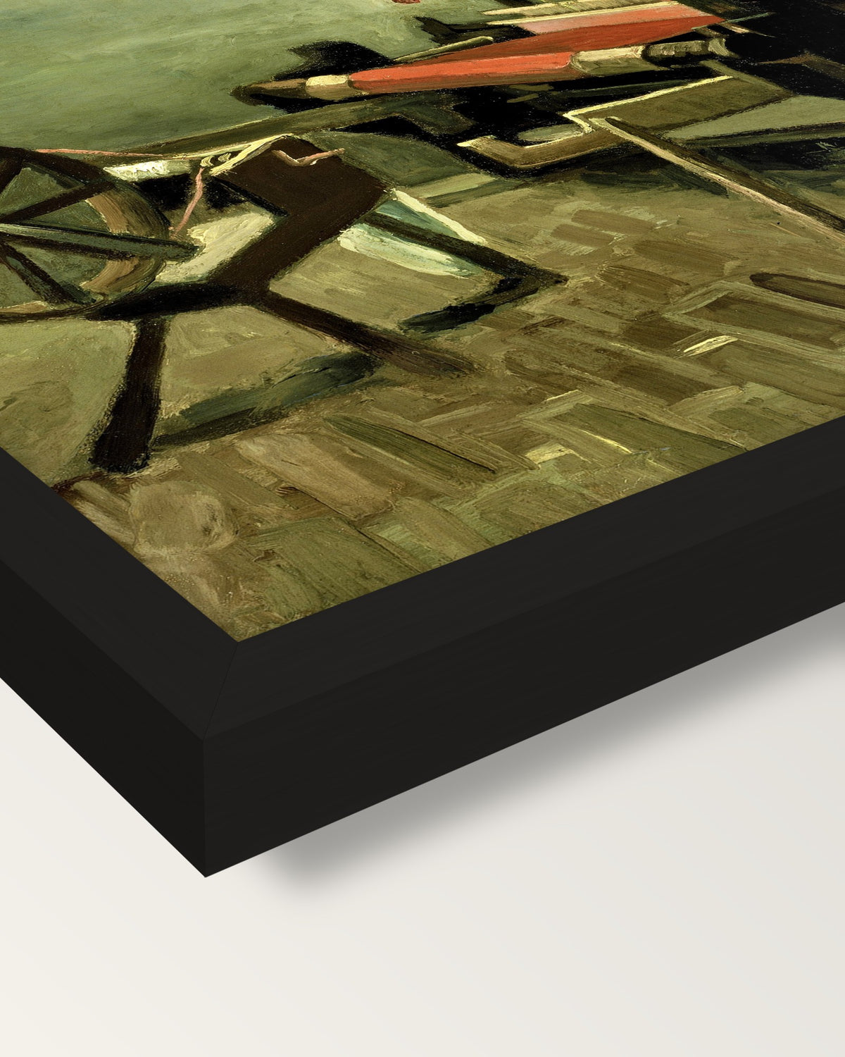 Weaver by Vincent van Gogh framed print, corner close-up: black moulding, mitred, the print set just below its edge