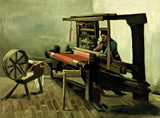 Weaver by Vincent van Gogh: a weaver at a huge dark wooden loom with red cloth, a spinning wheel beside it