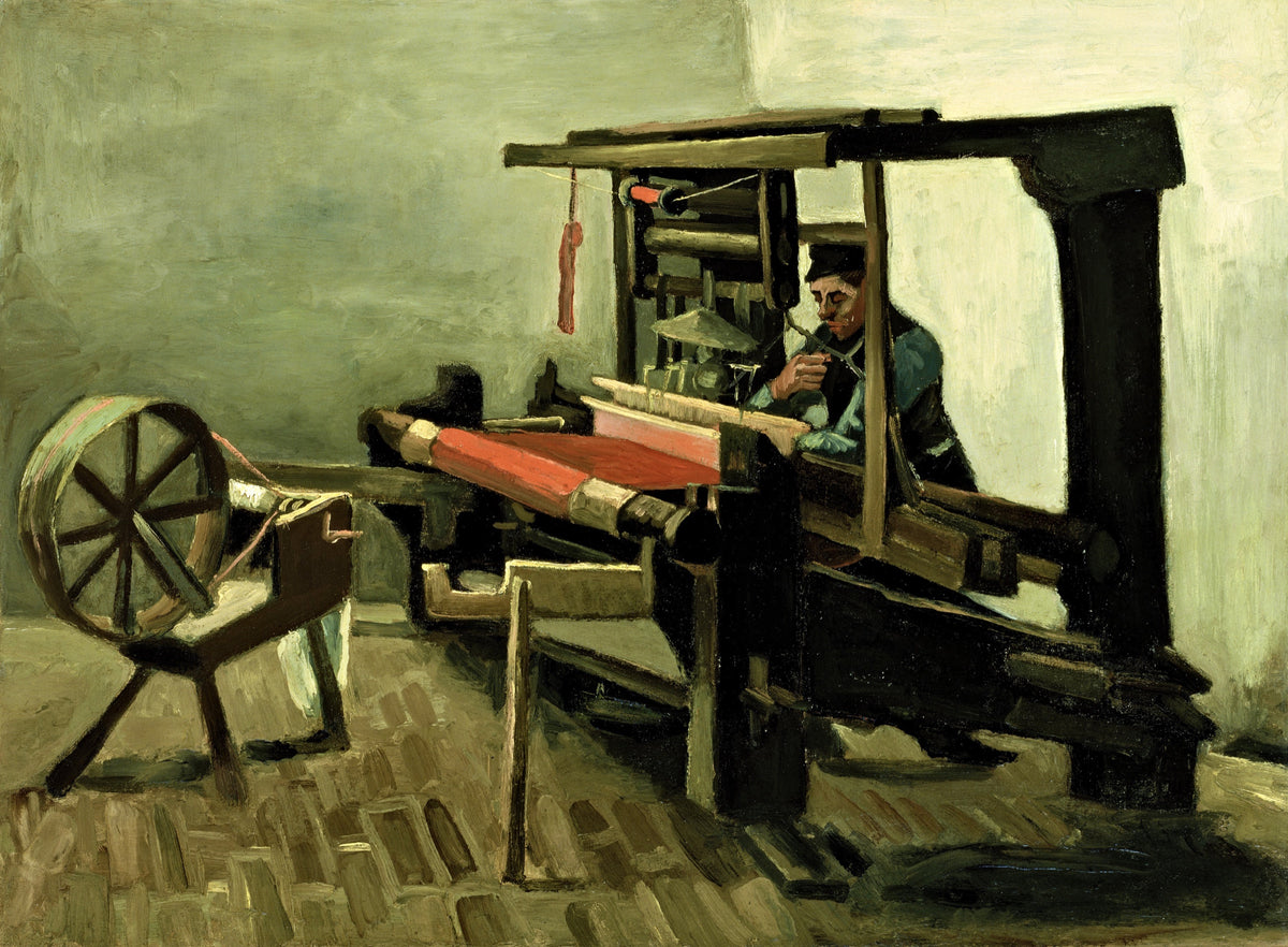 Weaver by Vincent van Gogh: a weaver at a huge dark wooden loom with red cloth, a spinning wheel beside it