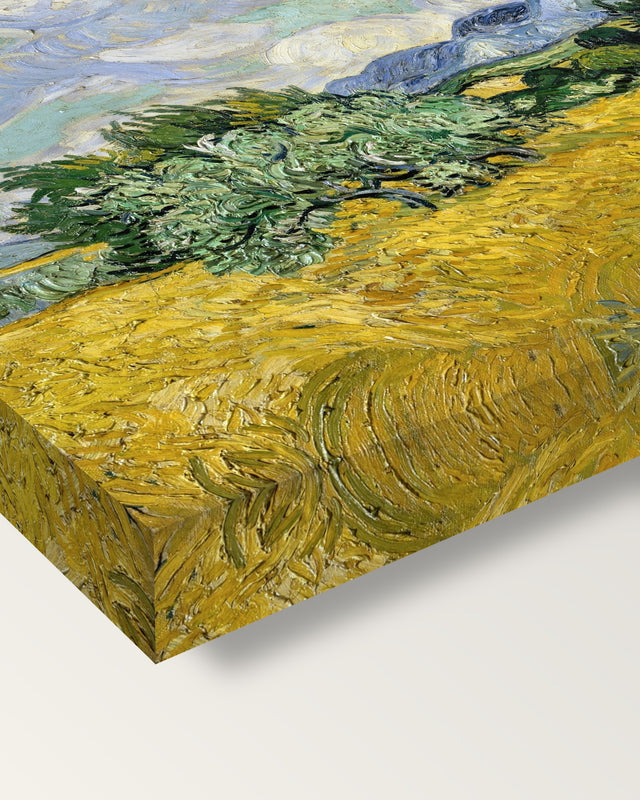 Wheat Field with Cypresses by van Gogh on stretched canvas, corner close-up: the painting mirror-wrapped round the sides
