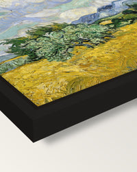 Wheat Field with Cypresses framed canvas, corner close-up: a black floating frame with a shadow gap round the canvas