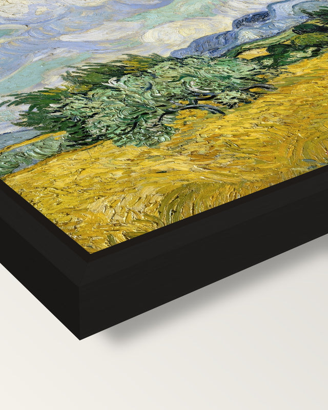 Wheat Field with Cypresses framed canvas, corner close-up: a black floating frame with a shadow gap round the canvas