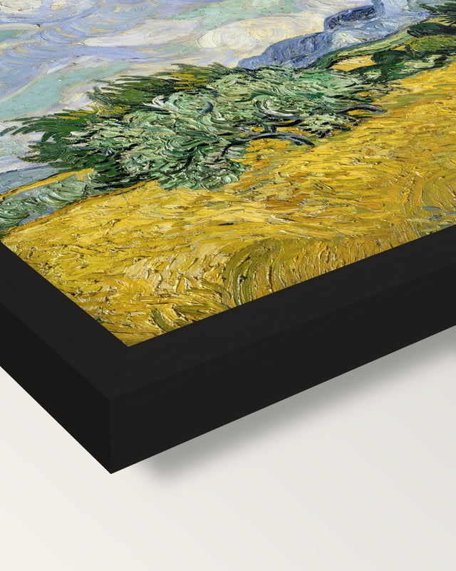 Wheat Field with Cypresses framed print, corner close-up: black moulding, mitred, the print set just below its edge
