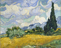 Wheat Field with Cypresses by Vincent van Gogh: golden wheat, a tall dark cypress and green trees under curling white clouds