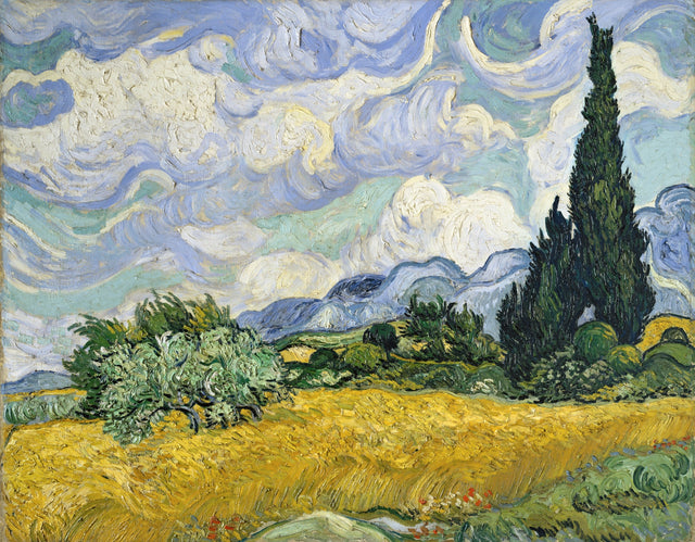 Wheat Field with Cypresses by Vincent van Gogh: golden wheat, a tall dark cypress and green trees under curling white clouds