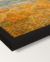 Wheat Sheaves and Rising Moon framed print, corner close-up: black moulding, mitred, the print set just below its edge