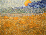 Wheat Sheaves and Rising Moon by Vincent van Gogh: a huge orange moon over blue hills and golden sheaves in a field