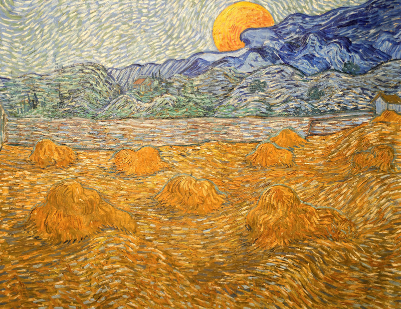 Wheat Sheaves and Rising Moon by Vincent van Gogh: a huge orange moon over blue hills and golden sheaves in a field