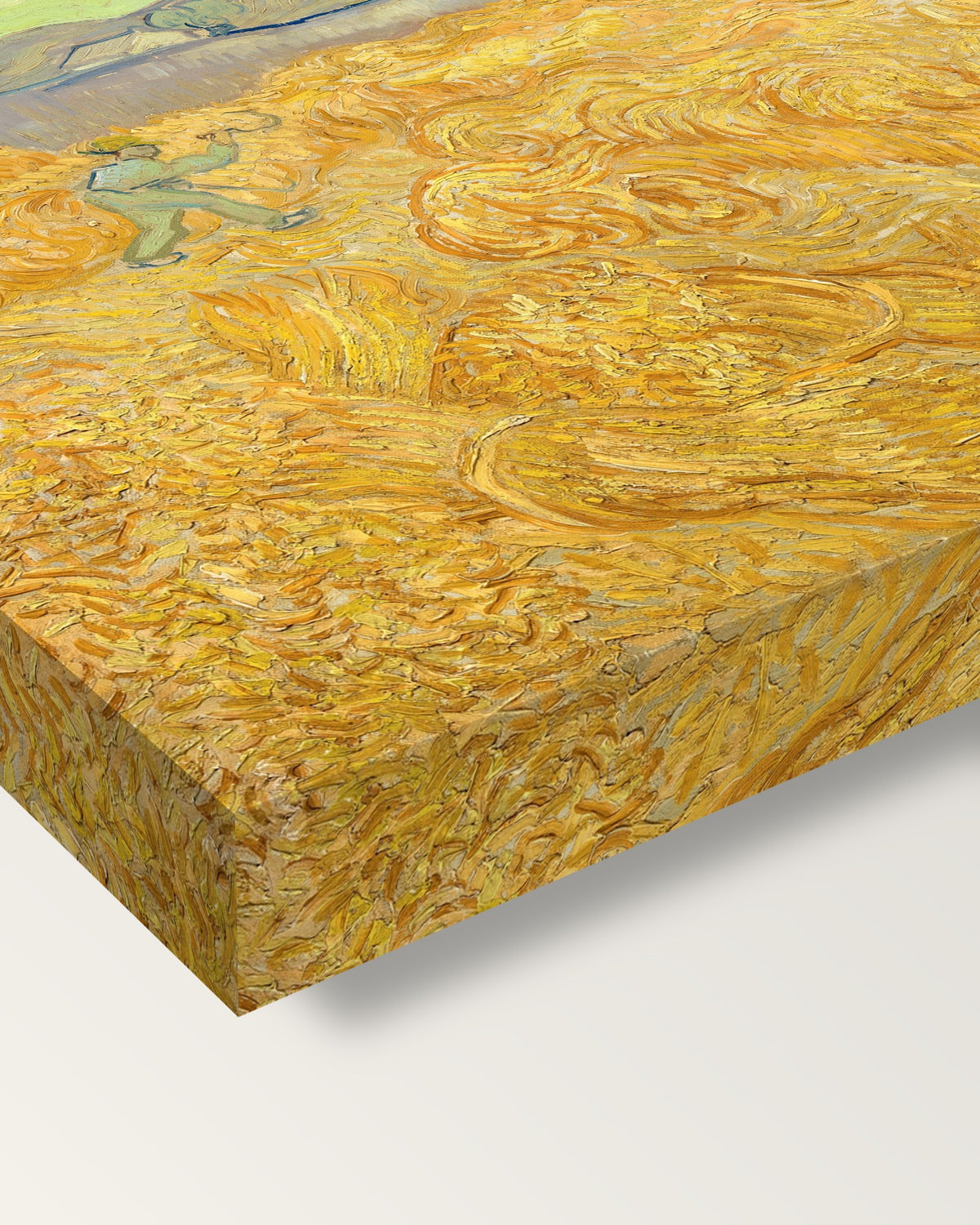 Wheatfield with a Reaper by van Gogh on stretched canvas, corner close-up: the painting mirror-wrapped round the sides