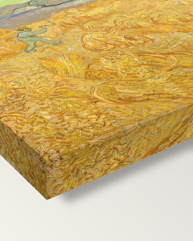 Wheatfield with a Reaper by van Gogh on stretched canvas, corner close-up: the painting mirror-wrapped round the sides