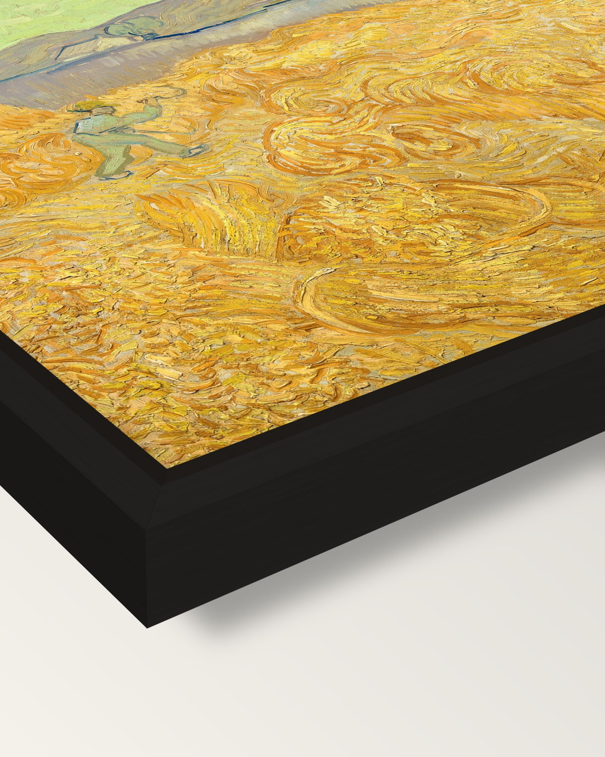Wheatfield with a Reaper framed canvas, corner close-up: a black floating frame with a shadow gap round the canvas