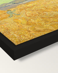 Wheatfield with a Reaper framed canvas, corner close-up: a black floating frame with a shadow gap round the canvas