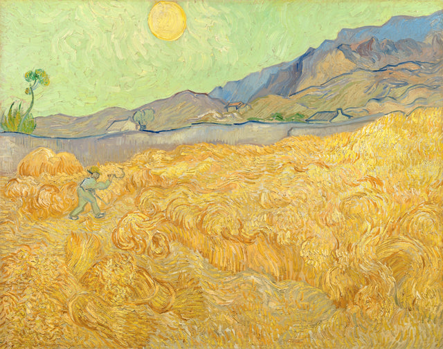 Wheatfield with a Reaper by Vincent van Gogh: a small reaper in a field of golden wheat under a yellow-green sky and sun