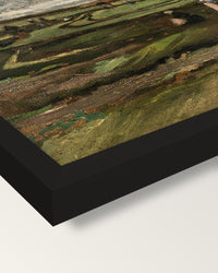 Women Mending Nets in the Dunes framed print, corner close-up: black moulding, mitred, the print set just below its edge