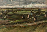 Women Mending Nets in the Dunes by Vincent van Gogh: dark figures in white caps over black nets on green dunes