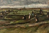 Women Mending Nets in the Dunes by Vincent van Gogh: dark figures in white caps over black nets on green dunes