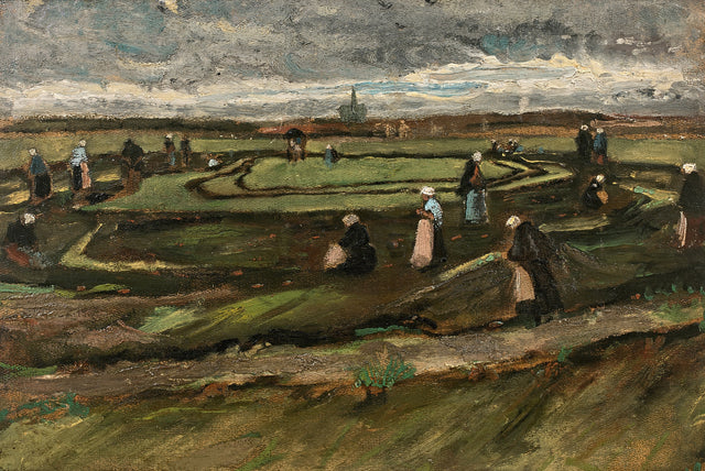 Women Mending Nets in the Dunes by Vincent van Gogh: dark figures in white caps over black nets on green dunes