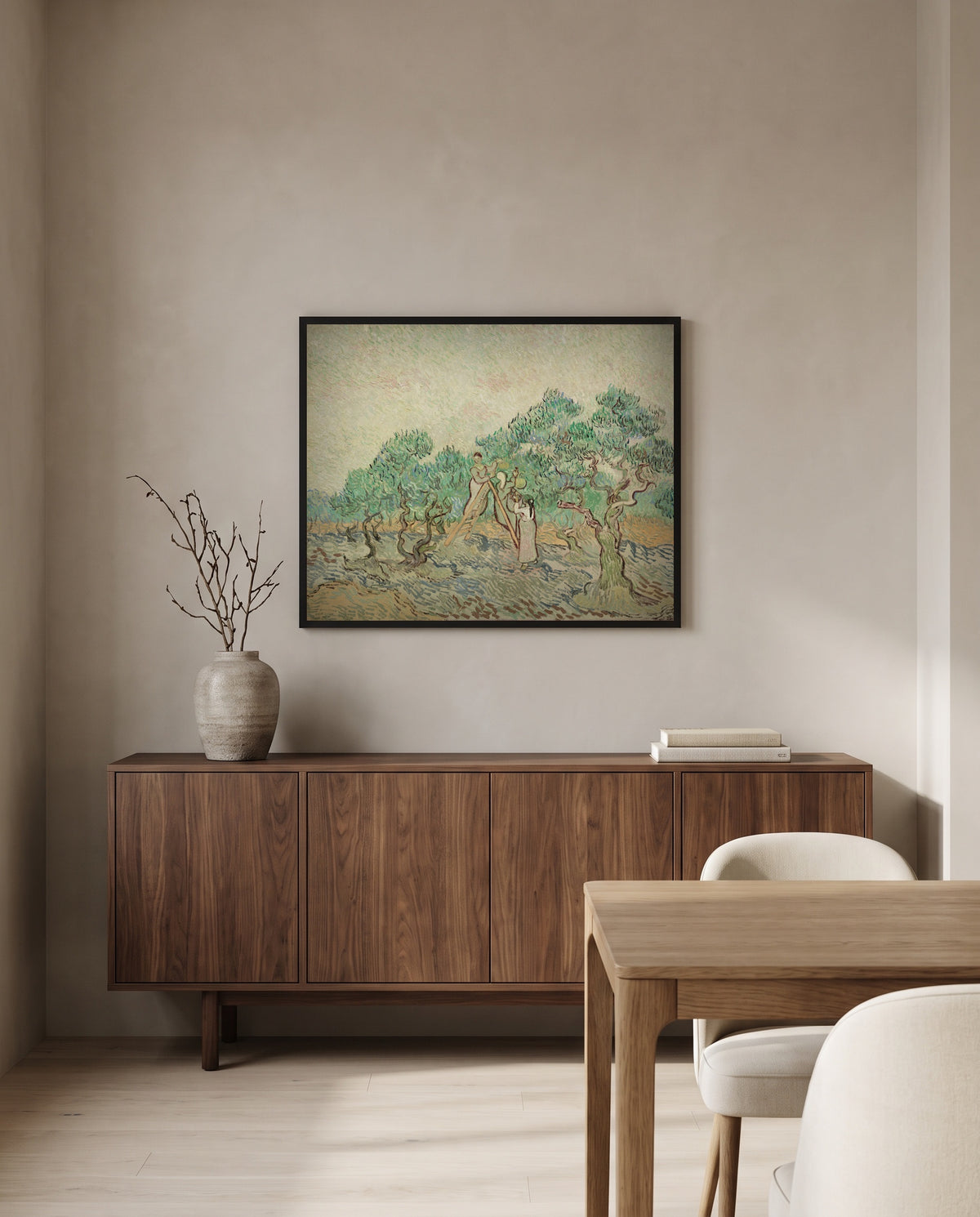 Women Picking Olives by Vincent van Gogh in a black frame above a walnut sideboard in a dining room
