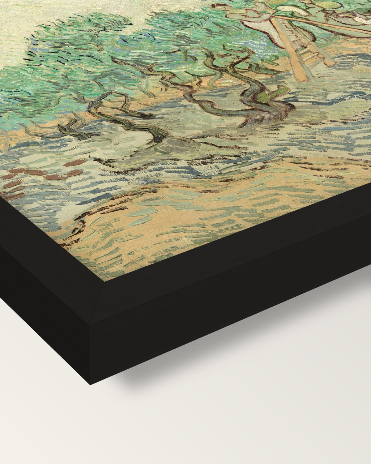 Women Picking Olives by van Gogh framed print, corner close-up: black moulding, mitred, the print set just below its edge