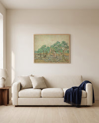 Women Picking Olives by Vincent van Gogh framed in natural oak above a cream sofa in a warm living room