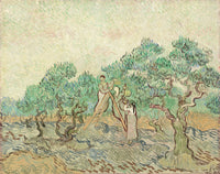 Women Picking Olives by Vincent van Gogh: three women gathering olives among twisted trees under a pink sky