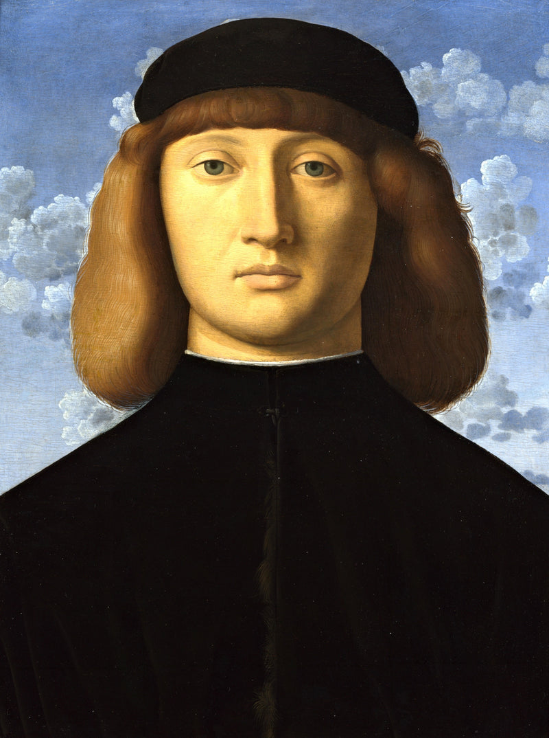 Portrait of a Young Man by Vincenzo Catena: a young man with long hair in a black cap and black velvet against clouds