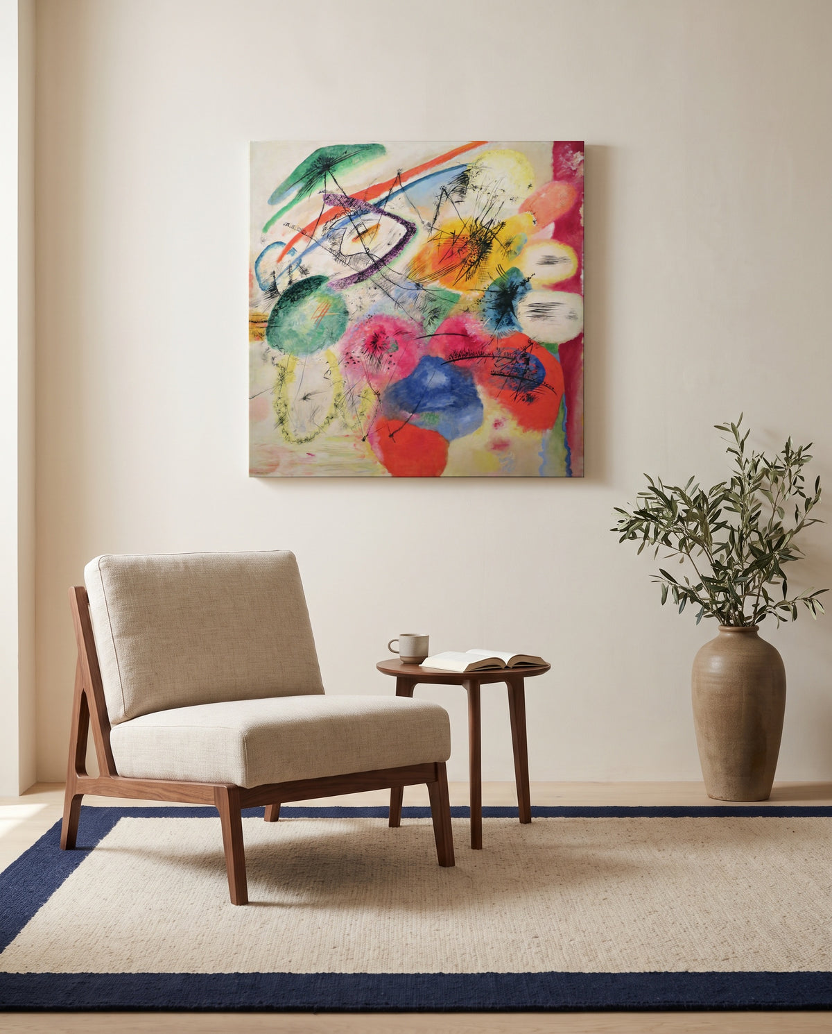 Black Lines by Wassily Kandinsky as a stretched canvas above a linen lounge chair in a reading corner