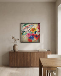 Black Lines by Wassily Kandinsky in a black frame above a walnut sideboard in a dining room