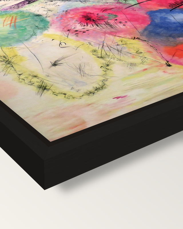 Black Lines by Wassily Kandinsky framed canvas, corner close-up: a black floating frame with a shadow gap round the canvas