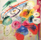 Black Lines by Wassily Kandinsky: soft bursts of red, blue, yellow and green crossed by thin black lines on white