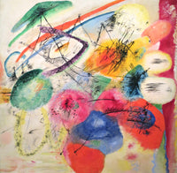 Black Lines by Wassily Kandinsky: soft bursts of red, blue, yellow and green crossed by thin black lines on white