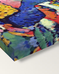Blue Mountain by Wassily Kandinsky on stretched canvas, corner close-up: the painting mirror-wrapped round the sides