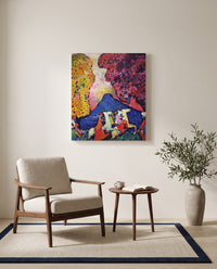 Blue Mountain by Wassily Kandinsky as a stretched canvas above a linen lounge chair in a reading corner