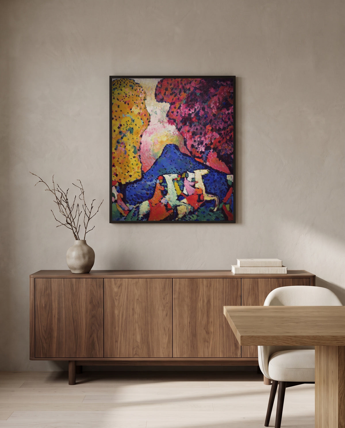 Blue Mountain by Wassily Kandinsky in a black frame above a walnut sideboard in a dining room