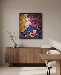 Blue Mountain by Wassily Kandinsky in a black frame above a walnut sideboard in a dining room