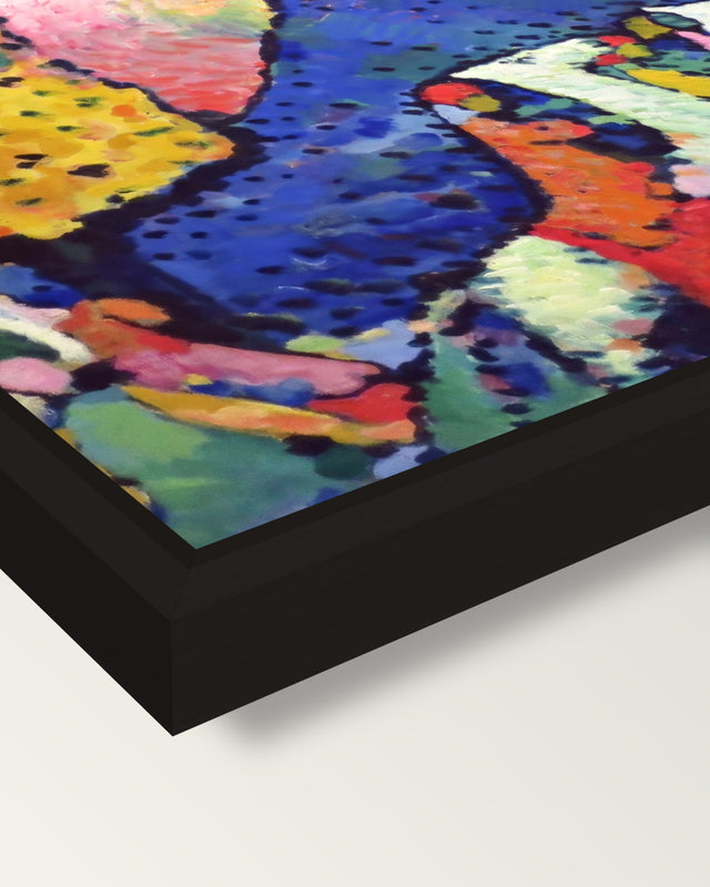 Blue Mountain by Wassily Kandinsky framed canvas, corner close-up: a black floating frame with a shadow gap round the canvas