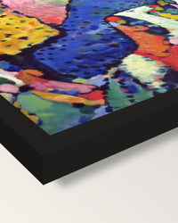 Blue Mountain by Wassily Kandinsky framed print, corner close-up: black moulding, mitred, the print set just below its edge