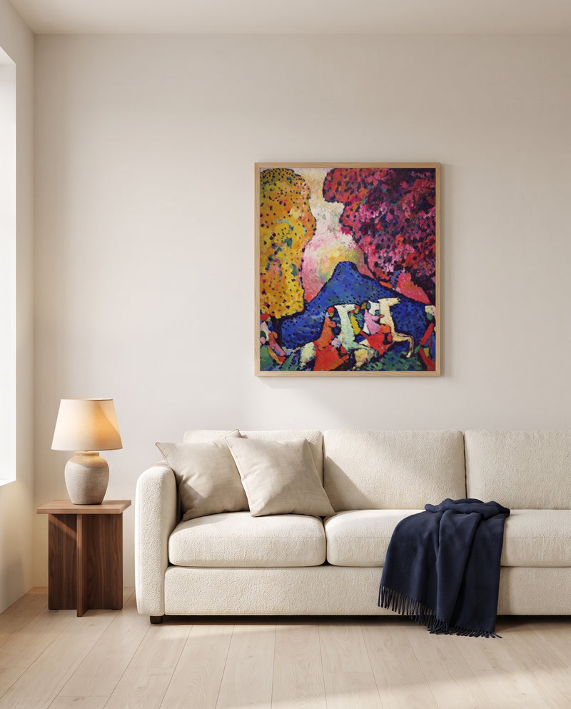 Blue Mountain by Wassily Kandinsky framed in natural oak above a cream sofa in a warm living room