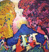 Blue Mountain by Wassily Kandinsky: a blue mountain between a red tree and a yellow tree, riders crossing below