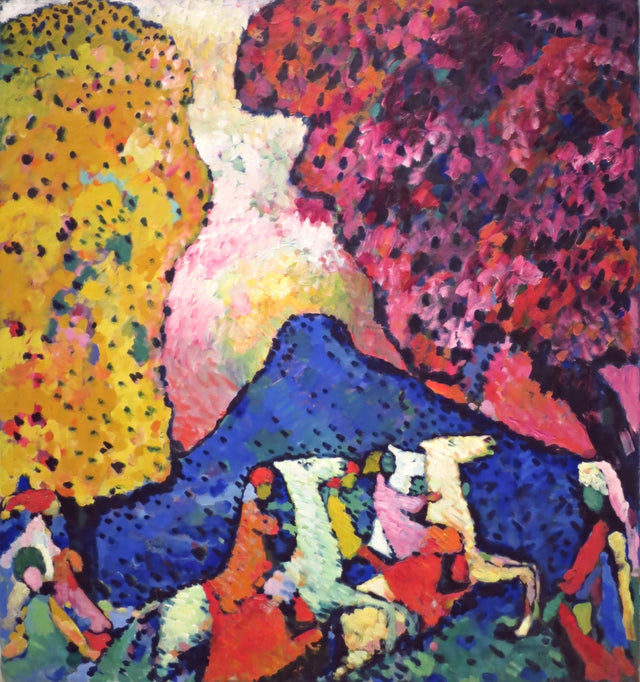 Blue Mountain by Wassily Kandinsky: a blue mountain between a red tree and a yellow tree, riders crossing below